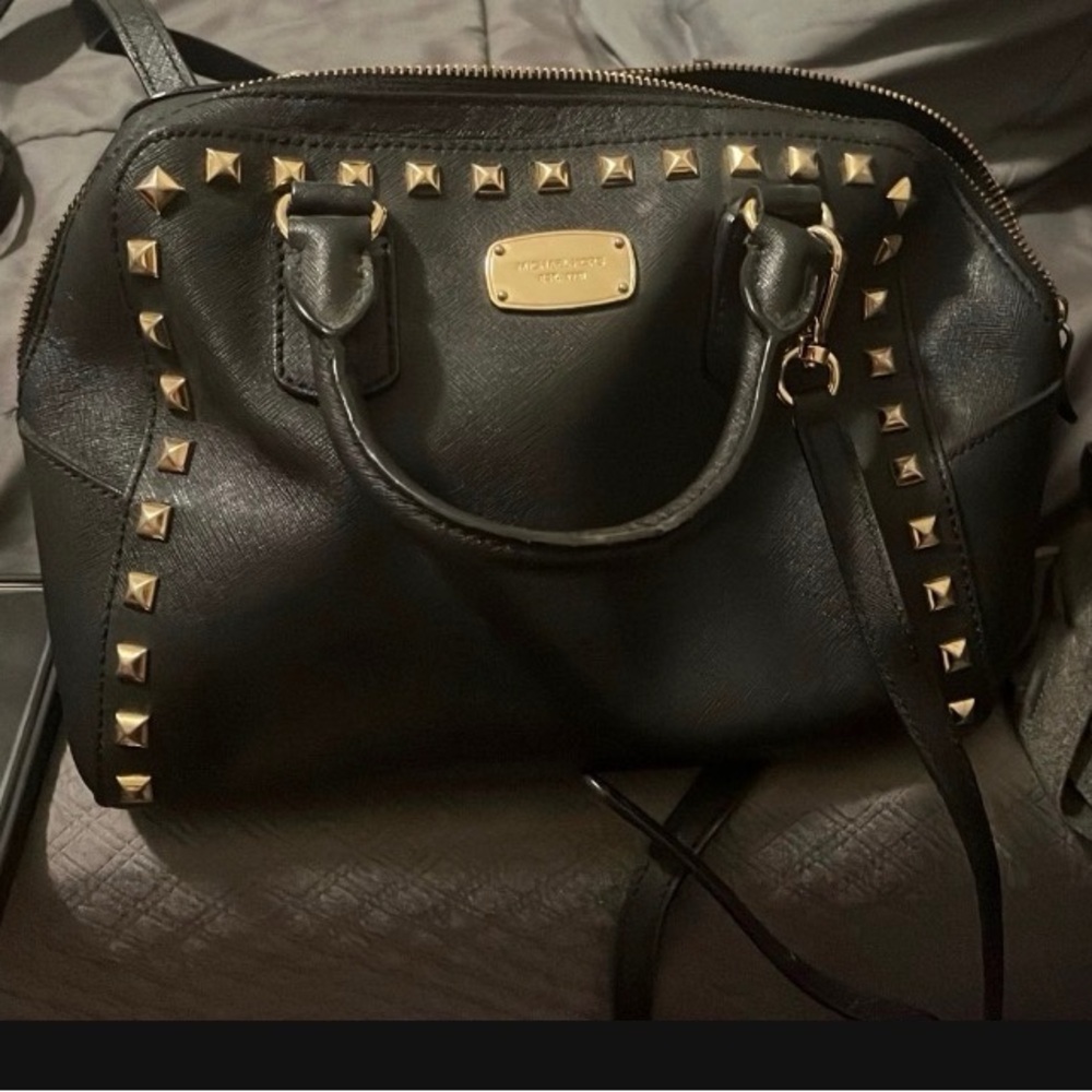 MICHAEL Michael Kors Black Satchel with Gold Stud Accents